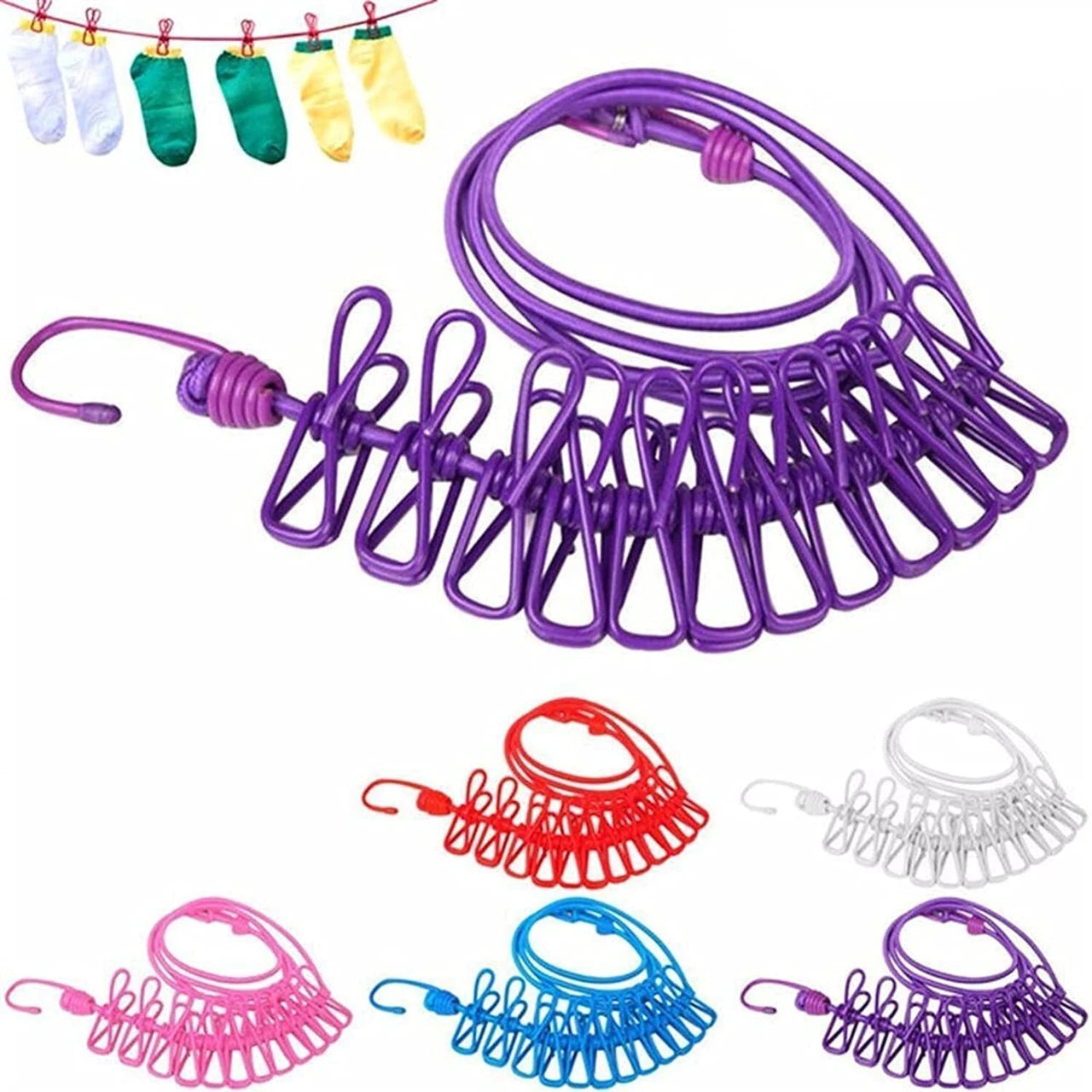 Clothesline Rope Elastic Cloth Drying Hanging Rope with 12 Clips and 2 Hooks