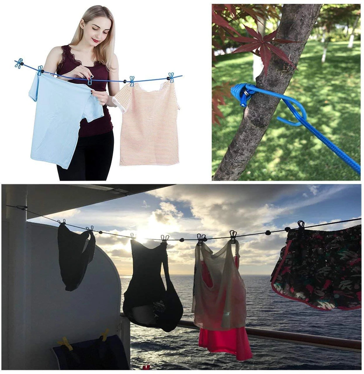 Clothesline Rope Elastic Cloth Drying Hanging Rope with 12 Clips and 2 Hooks
