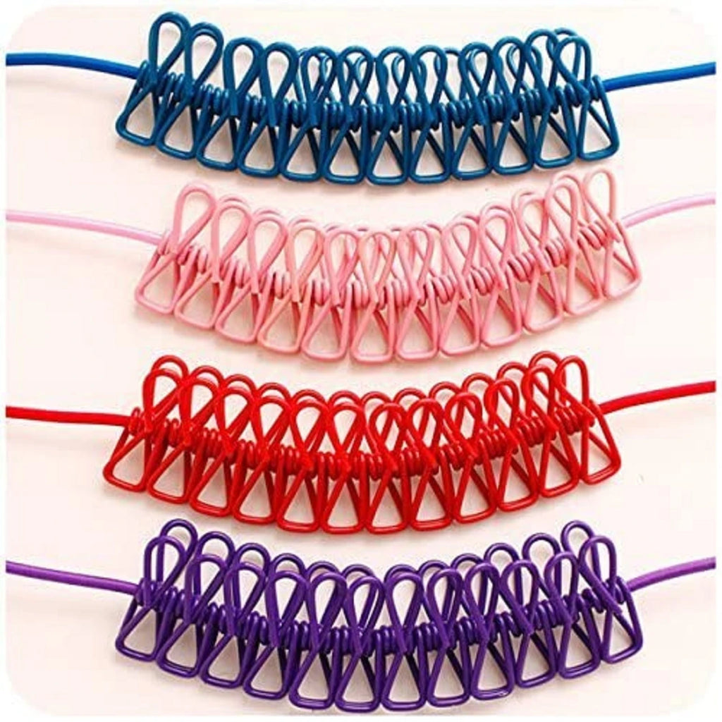 Clothesline Rope Elastic Cloth Drying Hanging Rope with 12 Clips and 2 Hooks