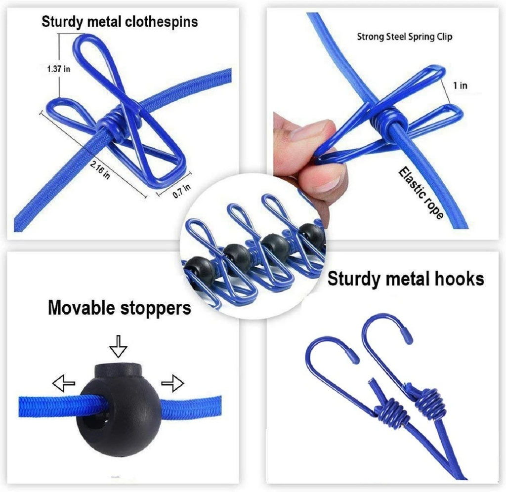 Clothesline Rope Elastic Cloth Drying Hanging Rope with 12 Clips and 2 Hooks